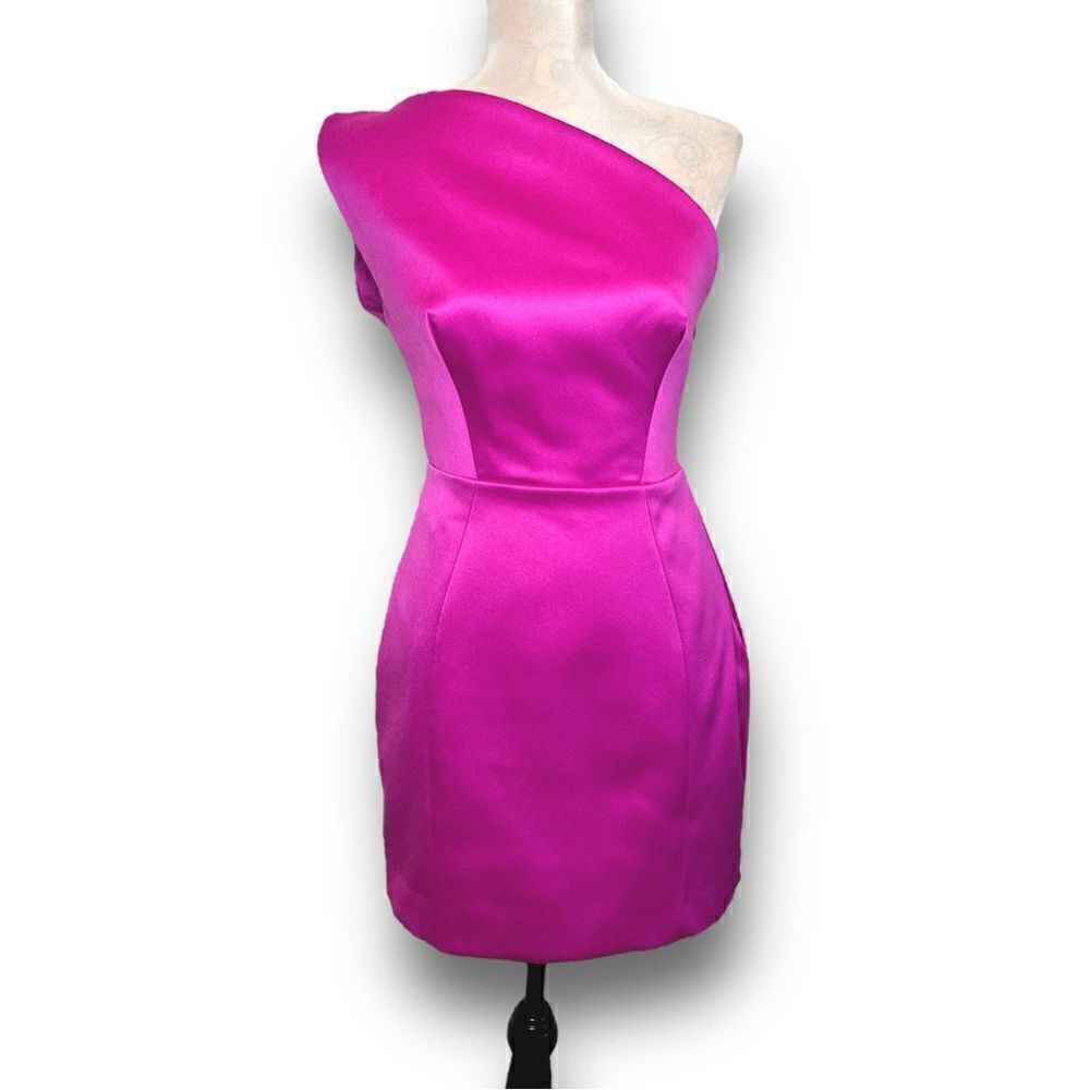 House of CB Ayelen One Shoulder Duchess Satin Mini Dress in Magenta, Size M